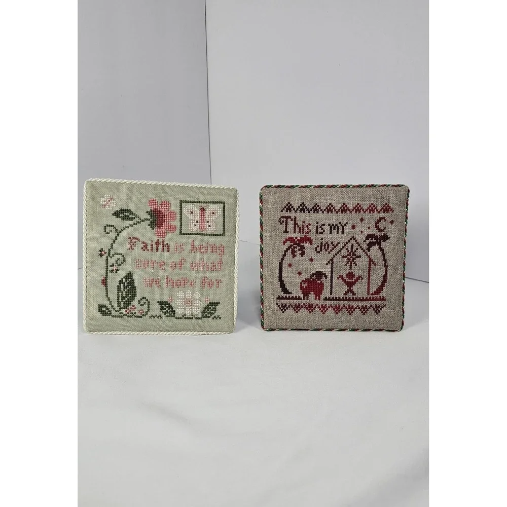 Lot of  2 Framed Cross Stitch Plaques Faith Quote &‎ Christmas Nativity
